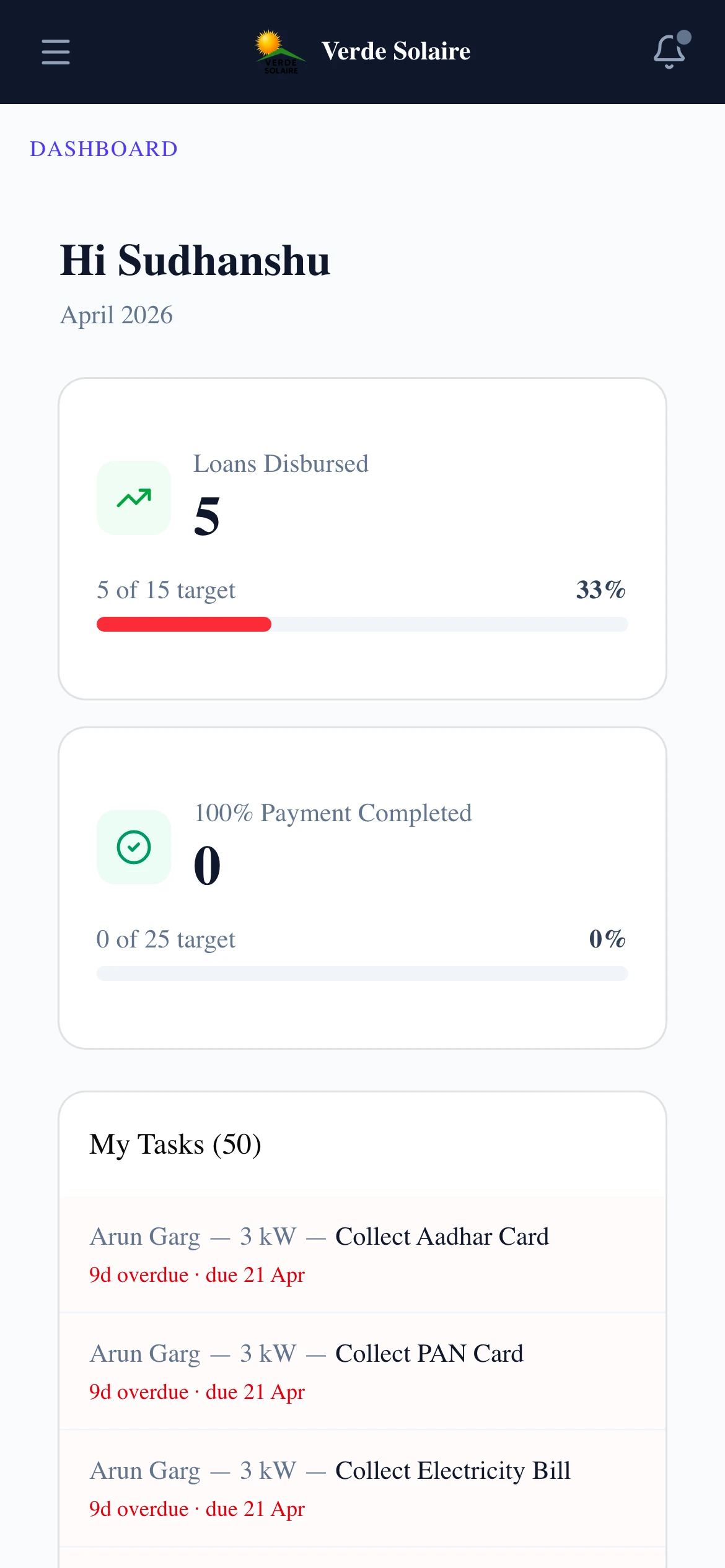 Spine mobile dashboard — same KPIs and task list as the desktop view, sized for a phone, used by the field team between site visits.